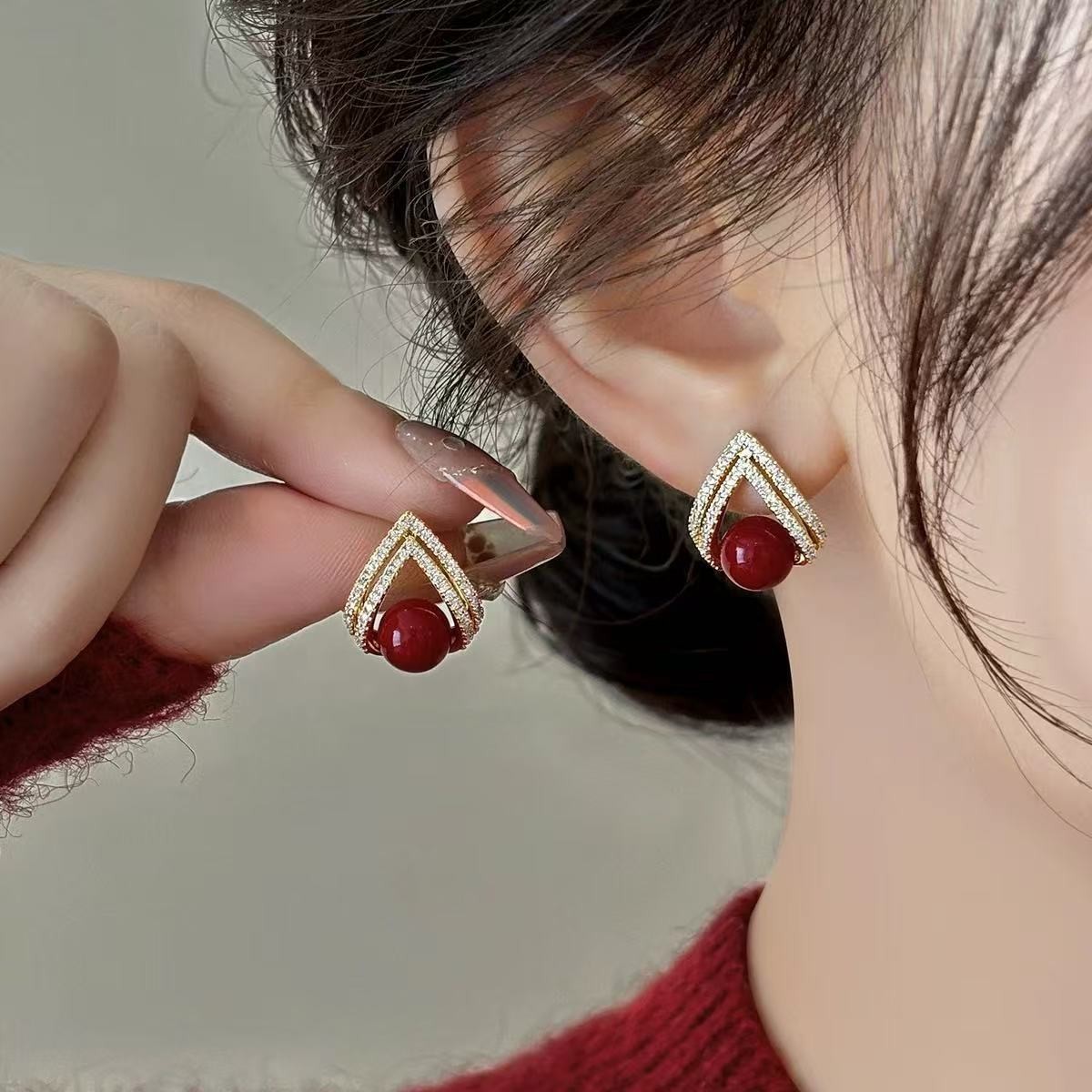 Pearl Stud Earrings - 925 gümüş iğne kore moda şarap