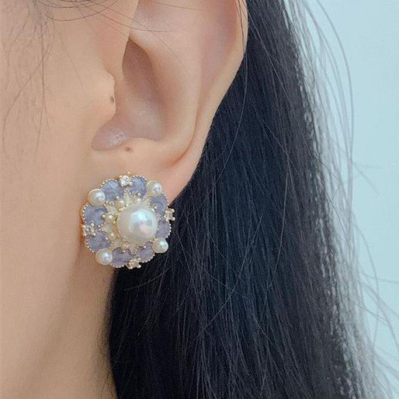 Pearl Stud Earrings - 925 gümüş iğne Vintage mor yağ